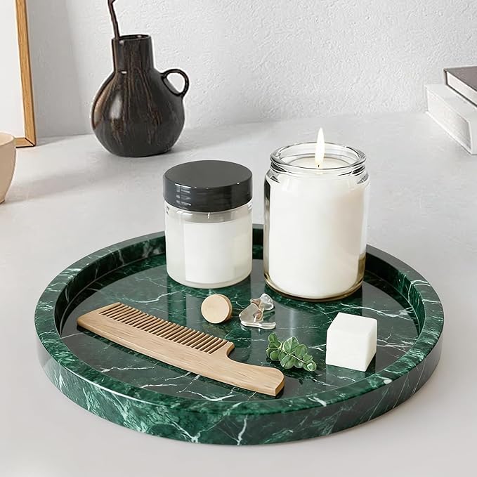 Natural Marble Tray, Round Green Tray for Bedroom/Bathroom/Kitchen/Vanity Countertop, Jewelry Tray for Rings Earrings Necklace Bracelet Watch, Room Decor Aesthetic