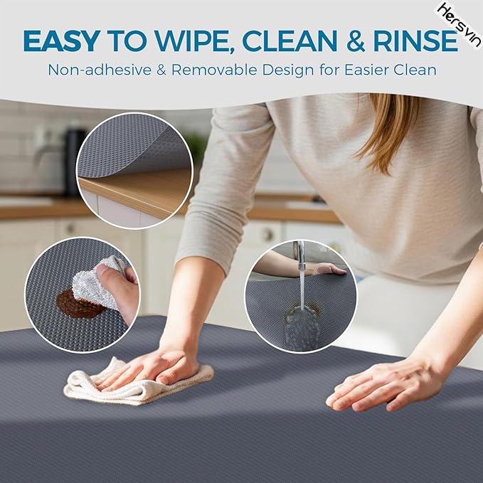 Hersvin Shelf Liners, 12in x 20ft Kitchen Drawer Mats, Non-Adhesive EVA Cupboard Protector, Cabinet Lining (Dark Gray/Dot)