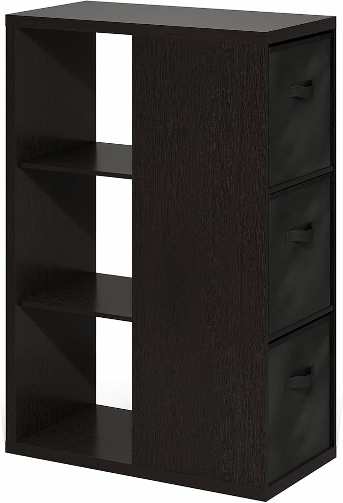 Furinno Viola Book Shelf, 3-Tier Bookshelf, Cube Storage Organizer Bookcase with Open Shelf, with Storage Bins, 13.6 x 29.3 x 43.8, for Living Room, Bedroom, Home Office, Dark Oak/Black