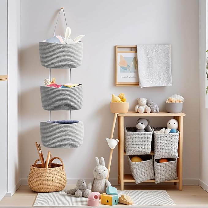 Hanging Baskets for Organizing,3-Tier Woven Cotton Over the Door/Wall-Mounted Storage Organizer Bag Decorative,Kitchen,Living Room,Bedroom,Nursery,Grey