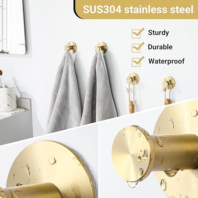 SAYAYO Self Adhesive Hooks for Hanging, Brushed Gold Towel Hook for Bathrooms Coat Hooks Wall Mount, Stick on Hook SUS304 Stainless Steel, 4pcs