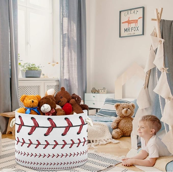 visesunny Storage Basket Softball Baseball Red Lace Over White Pattern Nursery Hamper Canvas Fabric Toy Storage Organizer Bin Storage Box Laundry Basket for Kid Rooms,Playroom