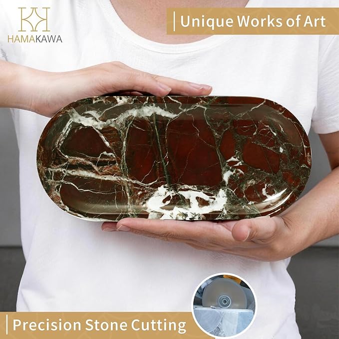 Bathroom Vanity Tray, Natural Marble Oval Tray 10 inch, Rosso Levanto Marble Vanity Tray for Soap Dispenser Modern Countertop Organizer for Kitchen Countertops, Home Decor