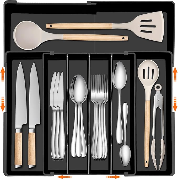 Large Kitchen Silverware Organizer - Expandable 17.2" x 17.9" Adjustable Drawer Tray, 4-7 Compartments for Maximum Storage, BPA-Free, Black,L