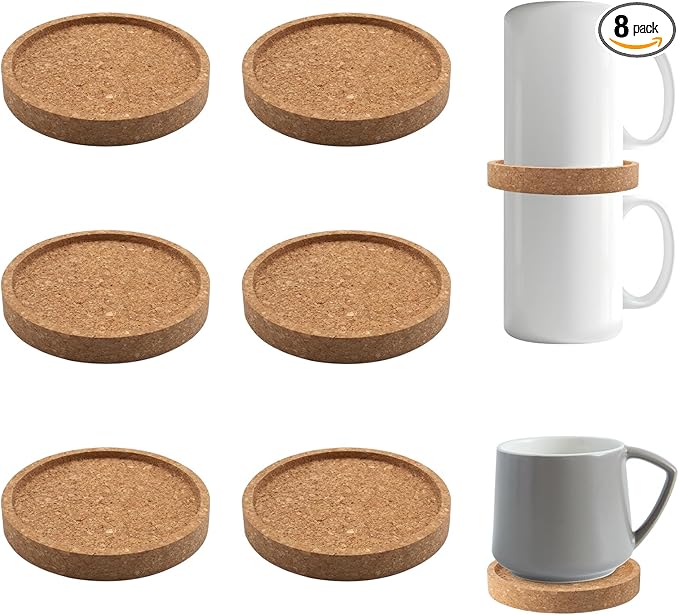 8 Pack Coffee Mug Stackers for 3.9'' Mugs, Cup Storage Accessories Cork Stackable Gadget Space-Saving Coffee Cup Organizers for Home Kitchen, Cupboard, Pantry, Office Tea Room (Brown)