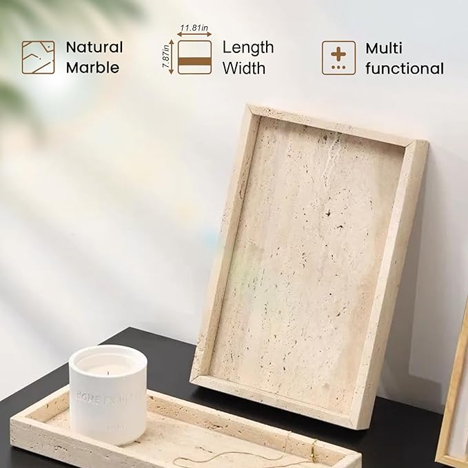 Natural Marble Tray, Stone Tray for Bedroom/Bathroom/Kitchen/Vanity Countertop, Jewelry Tray for Rings Earrings Necklace Bracelet Watch, Room Decor Aesthetic