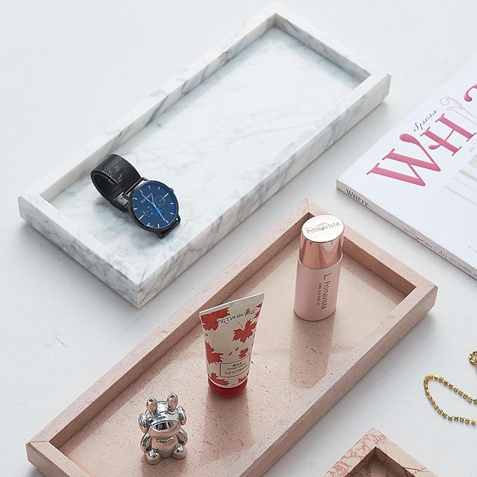 Natural Marble Tray, Stone Tray for Bedroom/Bathroom/Kitchen/Vanity Countertop, Jewelry Tray for Rings Earrings Necklace Bracelet Watch, Room Decor Aesthetic