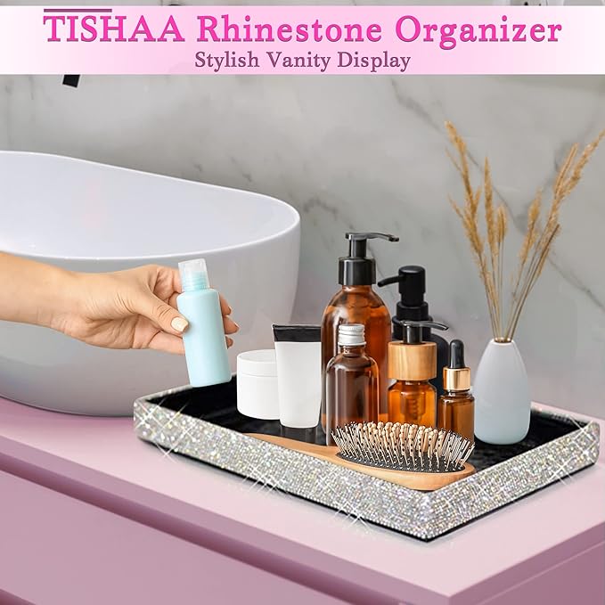 TISHAA Bling Decorative Tray Holder â Makeup Cosmetic Jewelry Ring Key Display Dish Plate Storage Organizer Crystal Rhinestone Glitter Vanity Bathroom Bedroom Home Decor (White)