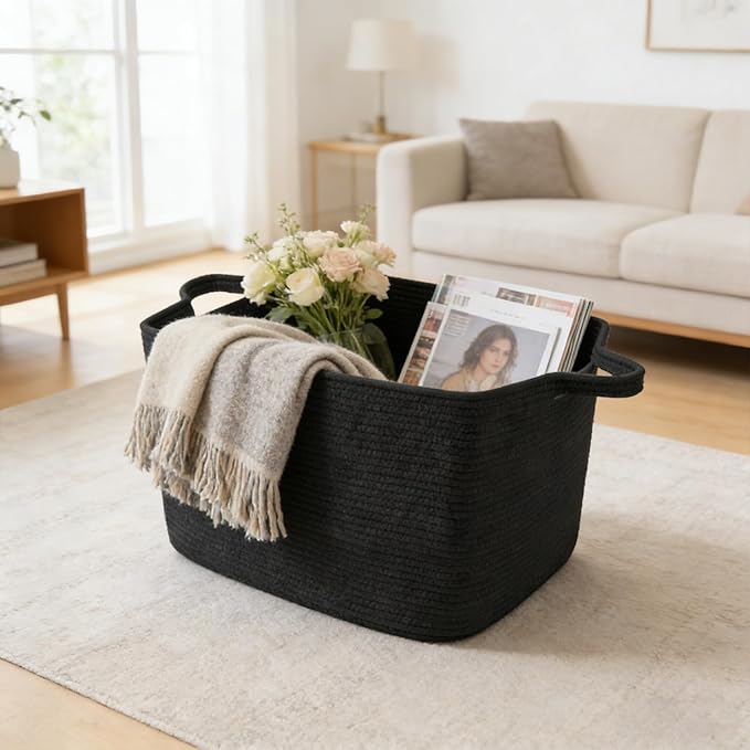 Magazine & Newspaper Baskets,Large Woven Rope Blanket Basket,24"x16"x15"Storage Bin with Handle,Toys Storage,Laundry Basket for Home Organization/Living Room/Nursery/Bedroom,Black