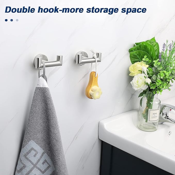 NearMoon Bathroom Double Towel Hook- SUS304 Stainless Steel Robe Towel Holder, Heavy Duty Double Coat Hook for Bathroom Livingroom Kitchen Wall Mounted (Brushed Nickel-U, 5 Pack)
