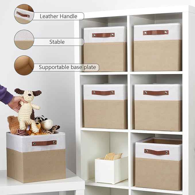 HNZIGE Cube Storage Organizer Bins,Shelf Fabric Storage Bin 11 x 11, 6 PCS Canvas Linen Organizers Bins,Decorative Storage Cube Bin for Storage Blanket Home, Office(White Beige)