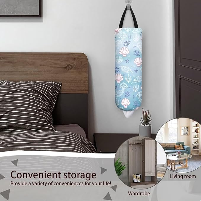 Hanging Plastic Bag Holder Dispenser Set of 2 Reusable Wall Mount Hanging Plastic Bag Storage Organizer for Grocery Bags,Marine Conch Starfish