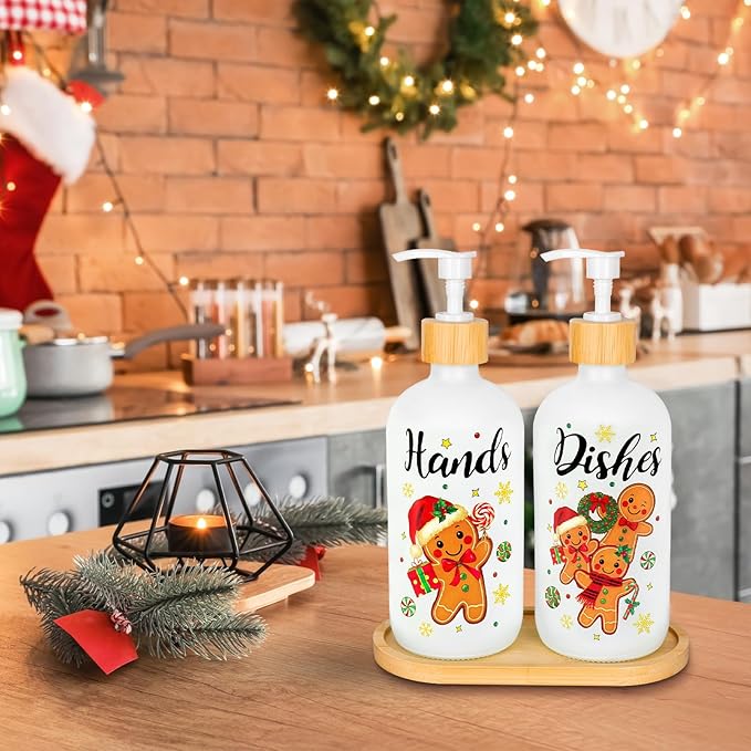 2Pcs Christmas Soap Dispenser Refillable Liquid Container Gingerbread Man Candy Glass Soap Dispenser with Pump for Xmas Holiday Home Kitchen Countertop Decor