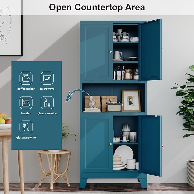 69" Tall Metal Pantry Cabinet with Microwave Shelf,Microwave Storage Cabinet with 4 Doors & 3 Adjustable Shelves,Metal Cabinet with Storage for Kitchen Dining Room Living Room(1PC,Blue)
