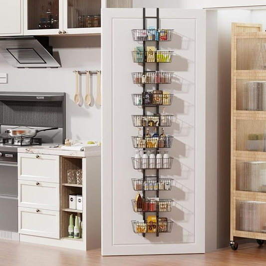 10-Tier Over The Door Organizer with Baskets - Heavy Duty Spice Rack Metal Hanging Shelf for Pantry & Kitchen | Adjustable Spice Rack, Space-Saving Hanging Storage for Bathroom, Laundry, Black
