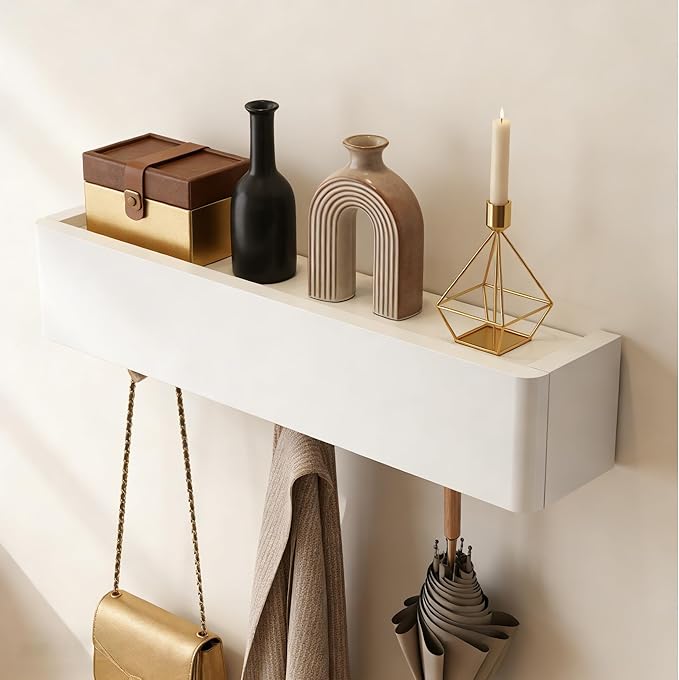 Solid Wood Wall Mounted Coat Rack with Shelf Hooks - Modern Floating Shelves with 5 Hidden Hooks, Heavy Duty Entryway Coat Key Holder Hanger for Hallway Bathroom Bedroom Home Decor
