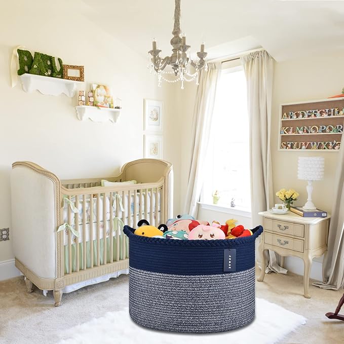 COMSE Extra Large Blanket Basket, Woven Laundry Basket, 21.7âx 13.8â, Nursery Hamper, Cotton Rope Laundry Hamper Living Room for Storage Toys Clothes Towels (Navy Blue)