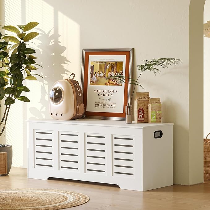 DINZI LVJ Storage Chest, 47.3â Wooden Toy Box with 2 Safety Hinges, Retro Entryway Shoe Storage Bench with Flip-Top, Sturdy Large Storage Trunk for Living Room, Bedroom, Easy Assembly, White