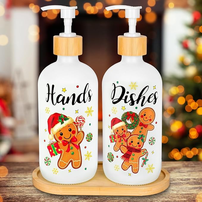 2Pcs Christmas Soap Dispenser Refillable Liquid Container Gingerbread Man Candy Glass Soap Dispenser with Pump for Xmas Holiday Home Kitchen Countertop Decor