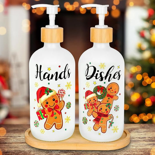 2Pcs Christmas Soap Dispenser Refillable Liquid Container Gingerbread Man Candy Glass Soap Dispenser with Pump for Xmas Holiday Home Kitchen Countertop Decor