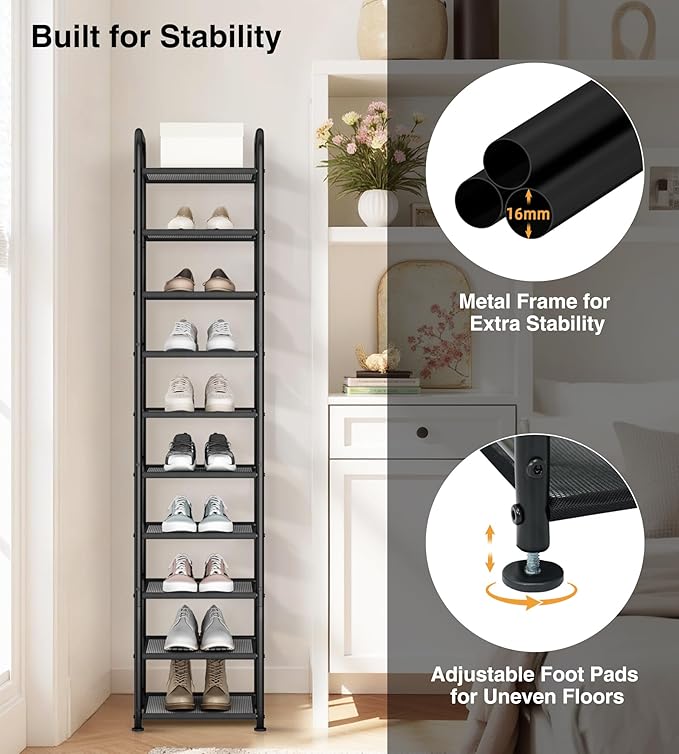 STO STO 10-Tier Narrow Shoe Rack with Sturdy Mesh Shelves, Slim Tall Metal Shoe Organizer for Entryway, Closet, Hallway, Holds 10 Pairs, Vertical Free Standing Shoe Storage Shelf, Black