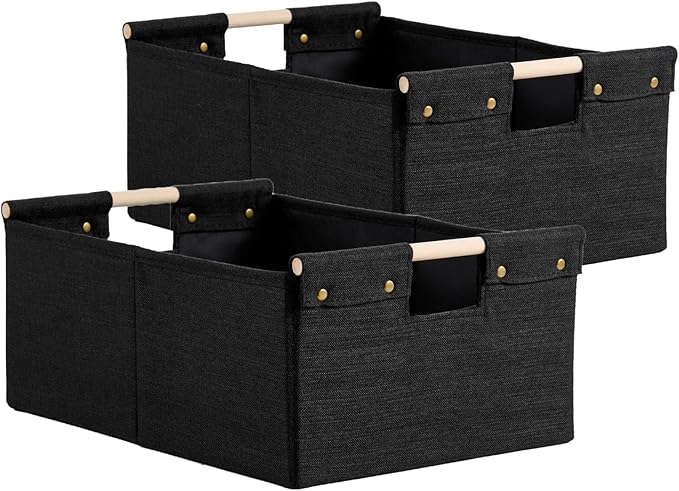 2PCS Storage Bins Cotton Linen Fabric Storage Boxes Basket with Wooden Handles Foldable Washable Decorative Shelf Container Closet Clothes Organizer Home Laundry (Medium Size, Black)