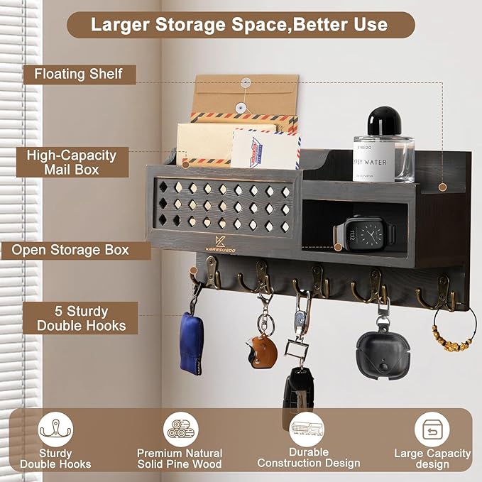 Key and Mail Holder Wall Mount - Mail Organizer Wall Mounted with Hooks and Storage Box, Key Rack for Entryway, Wall Mail Organizer for Home, Modern Farmhouse Decor, Easy Install Key Hanger (Black)