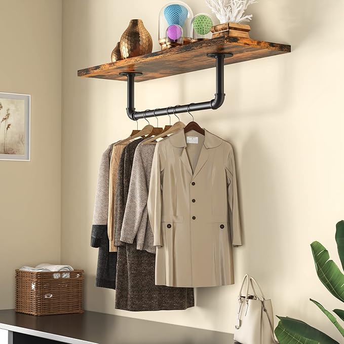 Wall Mounted Clothes Rack 21.06in, Industrial Pipe Wall Mount Clothing Rack, Heavy Duty Iron Garment Racks, Space Saver Multi-purpose Hanging Rod for Laundry Room, Closet Storage, 1 Pack