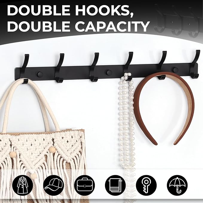 Coat Rack Wall Mount, 1 Pack Coat Hooks Hanger Wall Double Hook Rack Rail Towel Hat Rack Entryway Bathroom Hanger Organizer for Robes, Clothes, Bags, Hat(Black)