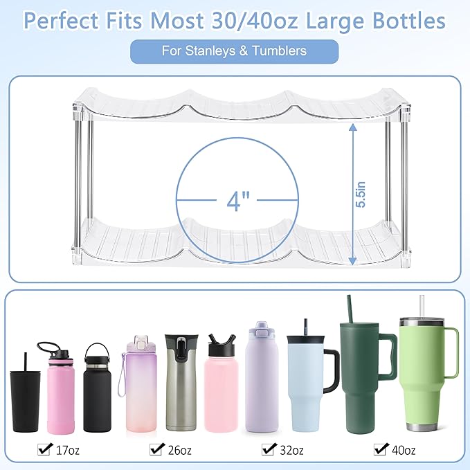 Stackable Water Bottle Organizer - Stanley Cup Holder for Cabinet Large Water Bottle Holder, Kitchen Pantry Organizers and Storage for Stanley Tumbler 40oz, Clear Tumbler Storage Organizer, 2 pack