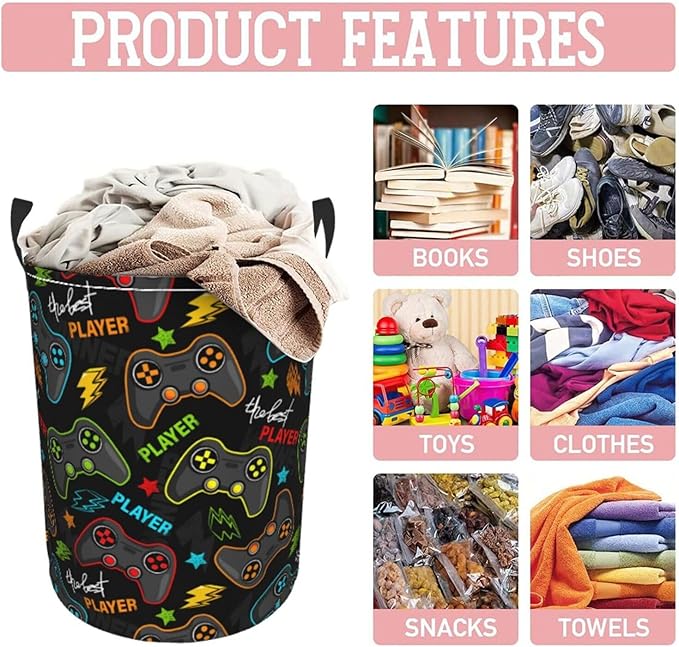 Video Game Controller Round Laundry Hamper Gaming Joysticks Storage Basket Toys Clothes Organizer Bin For Home Bathroom Bedroom Dorm Nursery, 38l