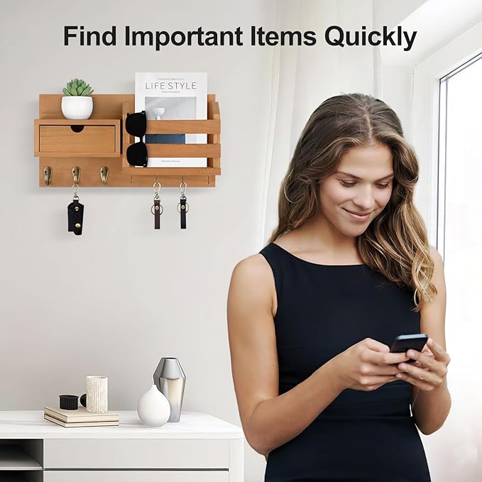 Wall Mount Key Holder with Mail Organizer, 100% Paulownia Wood, 7 Metal Hooks, Storage Drawer, Entryway Home Decor
