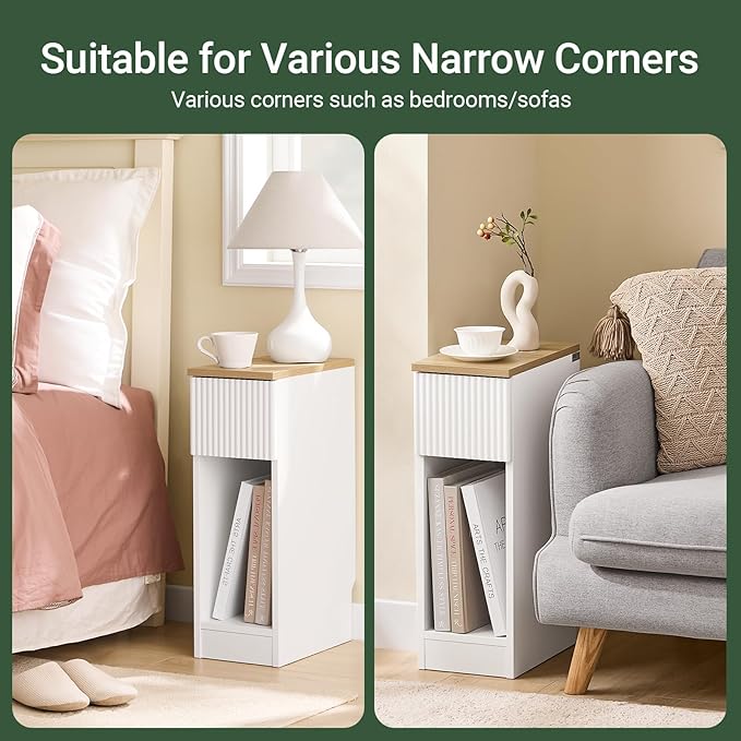 SoBuy Narrow Nightstand Slim Bedside Table with Drawer and Open Shelf, Skinny Modern Nightstand for Bedroom Living Room Dorm, Compact Side Table for Tight Corners and Small Spaces, White FBT111-W