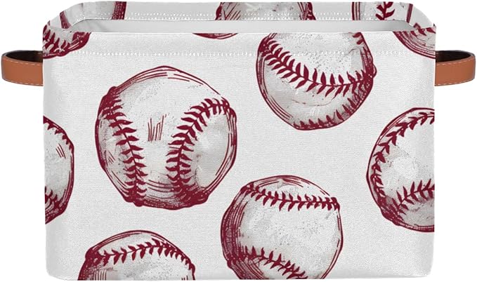 Cute Storage Bins for Organization, Canvas Book Storage Bins Handles, Bedroom Shelves Decorative Baskets for Organizing, Fabric Cube Bin Classroom Dorm Closet Organizer Box (Baseball)