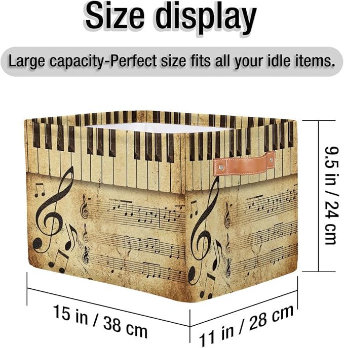 AUUXVA Vintage Storage Baskets Music Note Storage Bins Piano Key Storage Cube Box Collapsible Canvas Book Basket Organizer Bin with Handles for Shelf Closet Bedroom Home Office, 2 Pcs