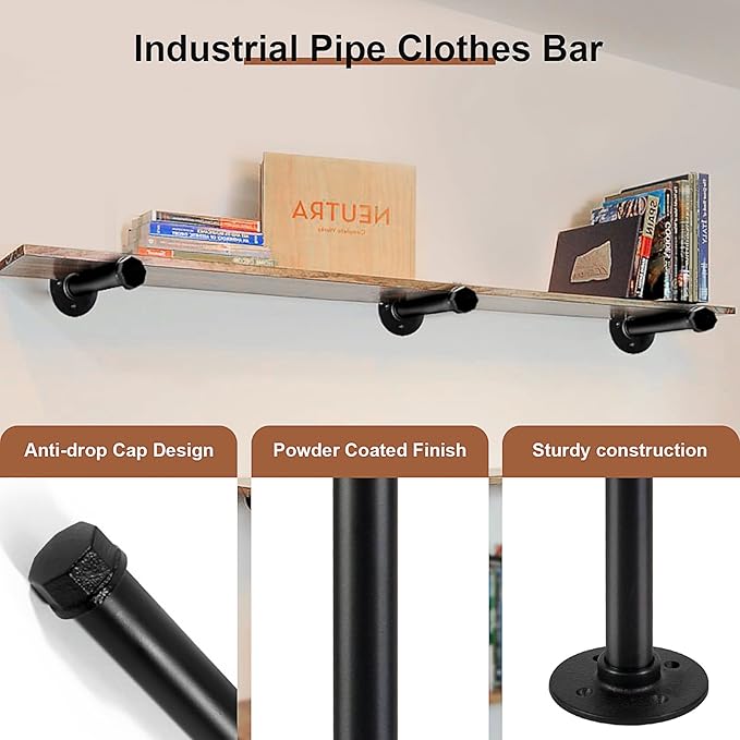 6 Pcs Industrial Pipe Clothes Bar 12 Inch - Wall Mount Clothing Rack - Face Out Wall Clothing Rods for Commercial Retail Boutique Shirt Display