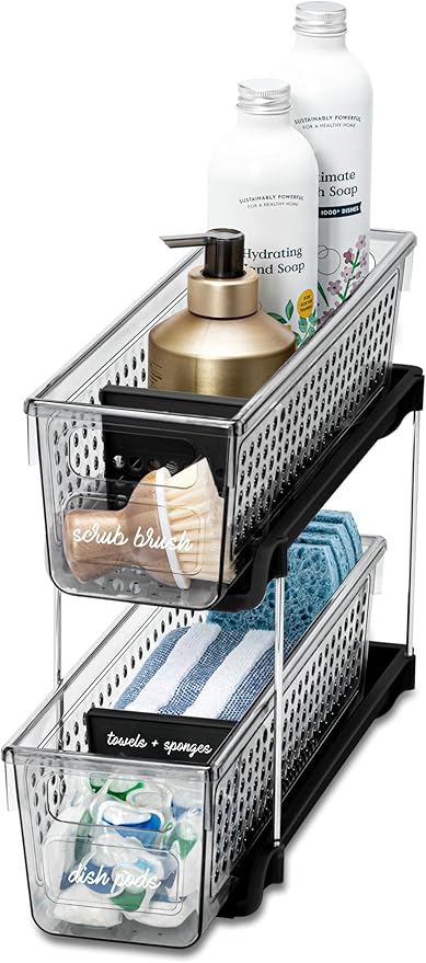 Madesmart Mini 2-Tier Plastic Multipurpose Organizer with Divided Slide-Out Storage Bins, Compact Under Sink and Cabinet Organizer Rack, Carbon