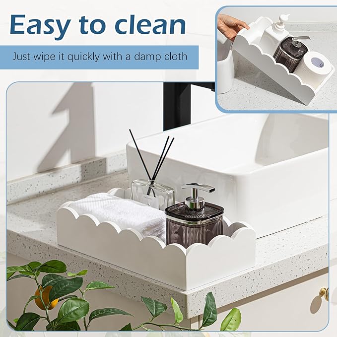 Toilet Paper Basket Storage Scalloped Wooden Toilet Tank Tray Topper Farmhouse White Bathroom Storage Organizer for Bedroom Vanity Kitchen Countertop Dresser Shelf Table Home Decor