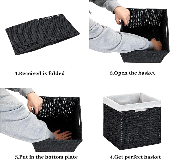DULLEMELO Wicker Storage Baskets 11x11 Cube Storage Bins for Organizing Woven Baskets Set of 2 Waterproof Wowen Storage Cube Organizer for Pantry Closet Set of 2 - Black