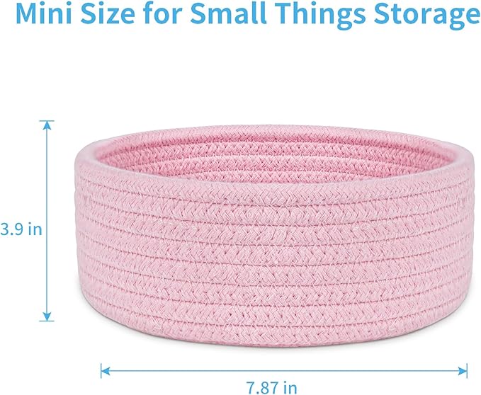 ABenkle Small Woven Basket, Empty Tiny Shallow Storage Baskets, Mini Cotton Rope Baskets, Round Decorative Hamper, Basket Storage Bins for Toys, Spa, Socks, Nursery, Living Room- Pink