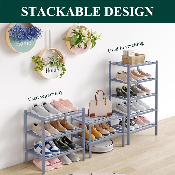 Smiry Small Bamboo Shoe Rack 4-Tier, Stackable Wooden Shoe Organizer for Entryway & Closet, Free Standing Wood Shoe Storage Shelf for Front Door & Small Spaces, Grey