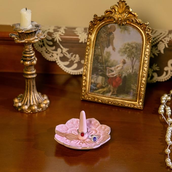 HOMEGOAL Ceramic Ring Holder Dish for Jewelry, Decorative Mandala Jewelry Tray for Rings Earrings Necklaces Watch Keys, Aesthetic Room Decor, Birthday Engagement Wedding Gifts for Women (Pink)