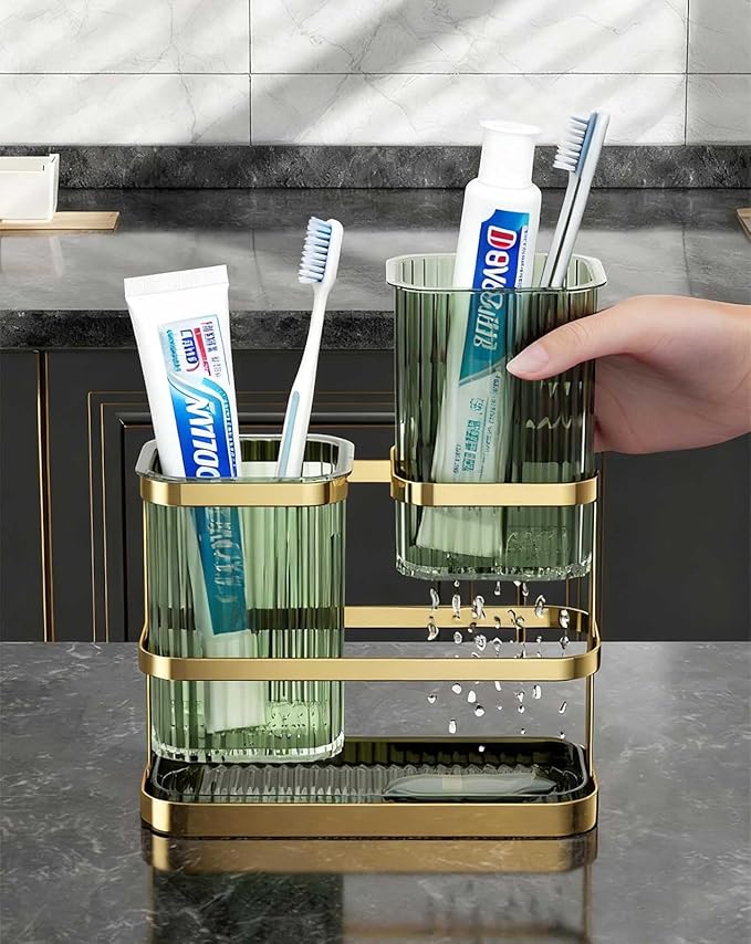 Toothbrush Holders for Bathrooms, Toothbrush Holder Wall Mounted, Kitchen Utensil Holder, 2 Cups Dry & Wet Separation, Kitchen Bathroom Tooth Brush Holder Organizers and Storage (Green Gold)