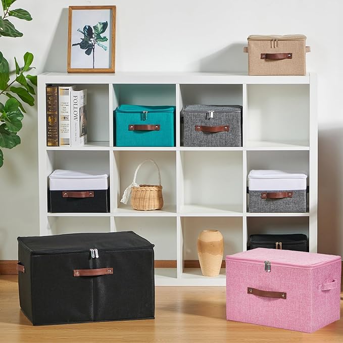 2 Pack Storage Bins with Zipper Lid Cotton Linen Fabric Lidded Storage Baskets Boxes Foldable Washable Closet Shelf Clothes Organizer Container with PU Leather Handles (Pink, Large)