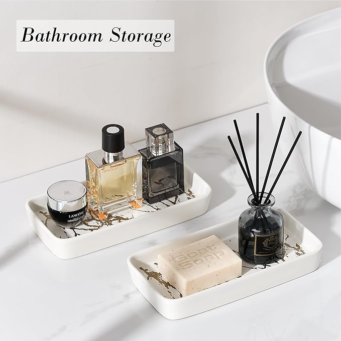 Bathroom Vanity Tray for Countertop,2PC Rectangle Marble Tray Set,Decorative Bathroom Organizer for Scrubber, Lotion Bottles, Perfume, Jewelry, Candle, Key Trinket Ringï¼Small,Whiteï¼
