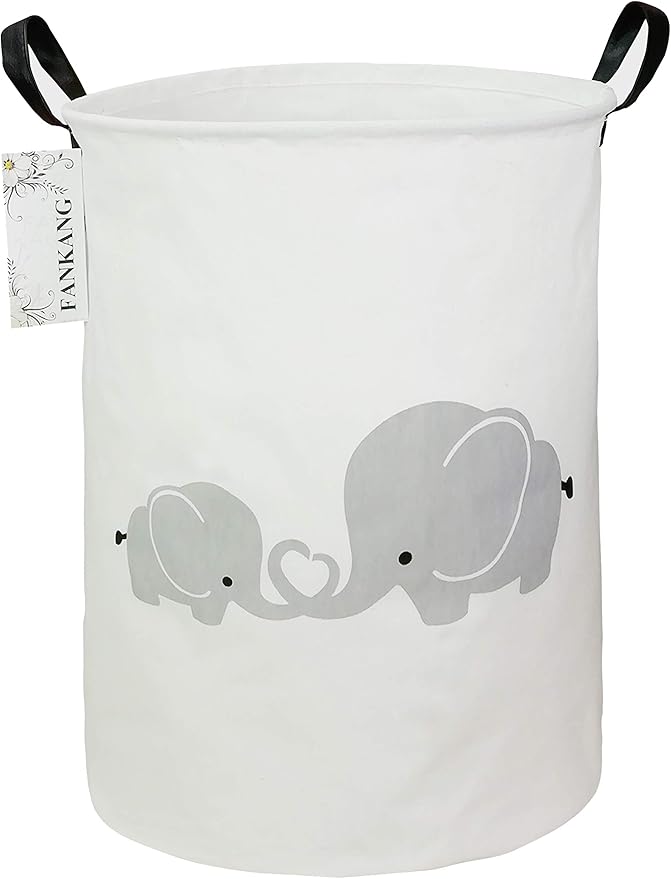 FANKANG Storage Basket, Nursery Hamper Canvas Laundry Basket Foldable with Waterproof PE Coating Large Storage Baskets for Kids Boys and Girls, Office, Bedroom, Clothes,Toysï¼Love Elephantï¼