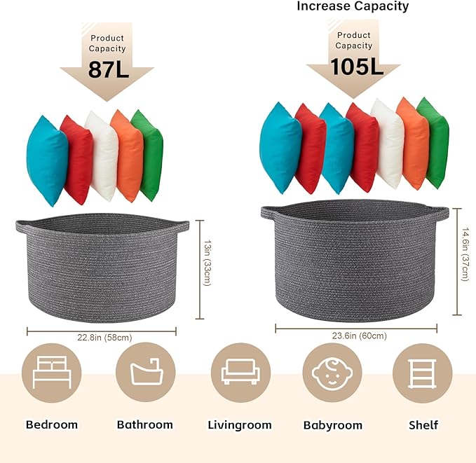 Large Woven Baskets for Storage, 23.6" x 23.6" x 14.6" Blanket Storage Living Room, Baby Toy Basket for Clothes, Pillows, Towels, Shoe Basket for Entryway (Dark Grey)