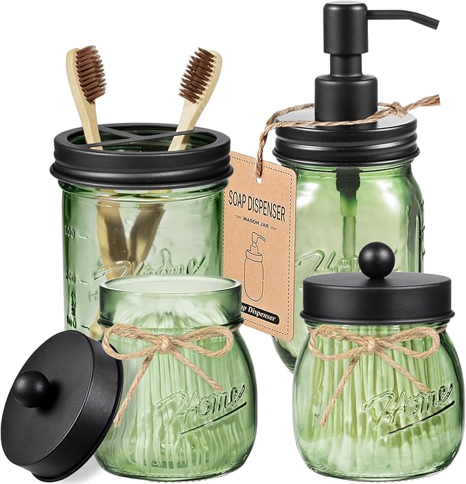 Amolliar 4PCS Bathroom Accessories Set (Lotion Soap Dispenser, Toothbrush Holder, 2 Qtip Holders), Rustic Farmhouse Decor, Green Glass Organizer for Countertop & Vanity, Bathroom Essentials, Black