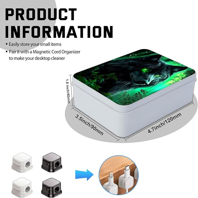 Metal Tin Box with Lid,Multi-functional Storage Box Can Store Tea Biscuits Game Cards, Playing & Tarot Cards-Comes with 4 Magnetic Cord Clips,Wolf with Glowing Green Eyes