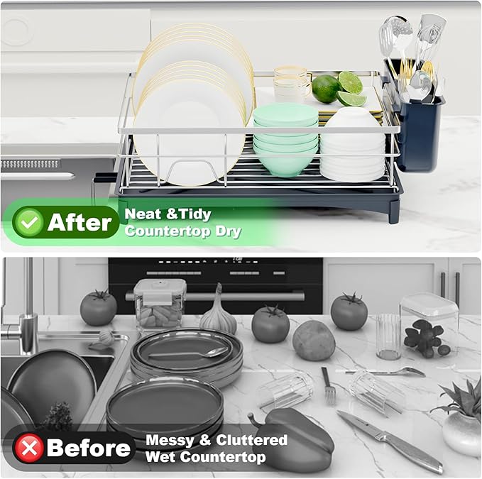 Dish Drying Rack - Space-Saving Dish Rack for Kitchen Counter with Removeable Cutlery Holder,Rustproof & Sturdy Auto-Drain Organizer for Plates,Cups,Knife,Silvery